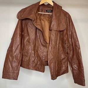 Siena Studio Faux Leather Motorcycle Aviator Bomber Jacket Brown Large